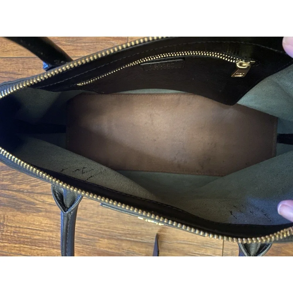 Lauren Ralph Lauren Purse Bag Satchel Black Leather Gold Monogram Zip Medium